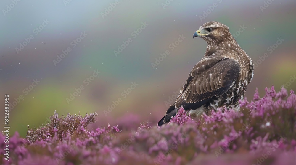 Adult Buzzard in heather on managed moorland in Nidderdale Yorkshire Dales