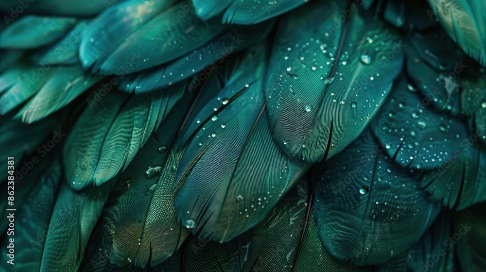 Obraz premium A close up of a feather with water droplets on it. Generate AI image