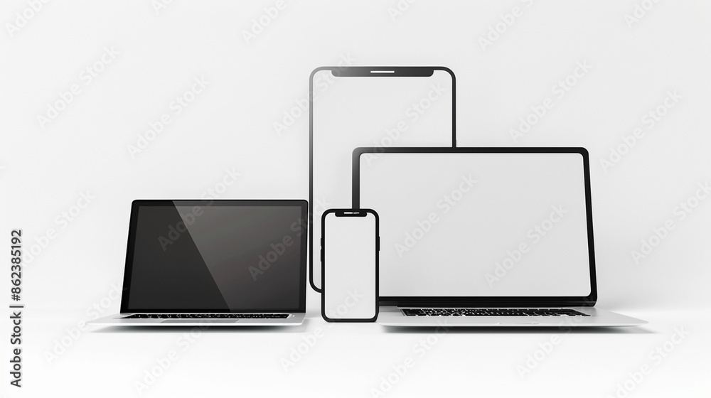 A series of images showcasing various electronic devices, including laptops, desktop monitors, tablets, and smartphones, all with blank screens, illustrating modern technology and device variety A series of images showcasing various electronic devices, including laptops, desktop monitors, tablets, and smartphones, all with blank screens, illustrating modern technology and device variety