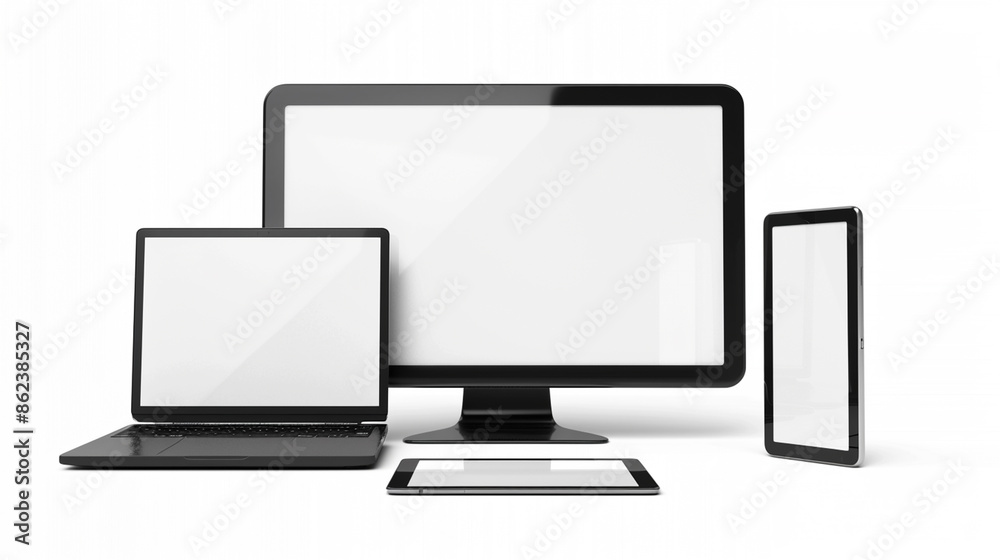 A series of images showcasing various electronic devices, including laptops, desktop monitors, tablets, and smartphones, all with blank screens, illustrating modern technology and device variety