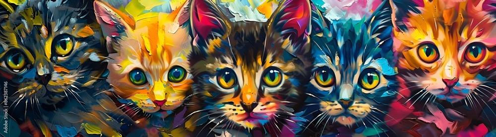 Fototapeta painting on the wall, colorful faces of cute kittens