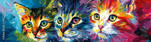 painting on the wall, colorful faces of cute kittens