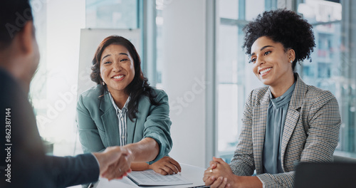 Business people, introduction and shaking hands for job interview, recruitment and meeting in public relations. Woman, clients or candidate with handshake in welcome, onboarding or career opportunity