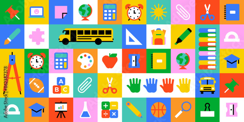 Colorful back to school geometric mosaic seamless pattern. Modern flat education cartoon icon background, fun study concept wallpaper print. Children stationery texture, art supplies symbol design.