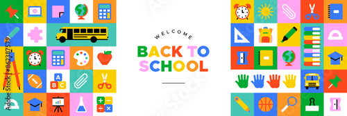 Colorful back to school geometric mosaic web banner. Modern flat education cartoon icon background, fun study concept illustration. Children stationery template, college subject symbol design.