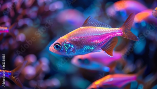 Capture an image of transgenic fish, such as GloFish, in an aquarium setting. These genetically modified fish often have bright, fluorescent colors, which can be striking and visually appealing