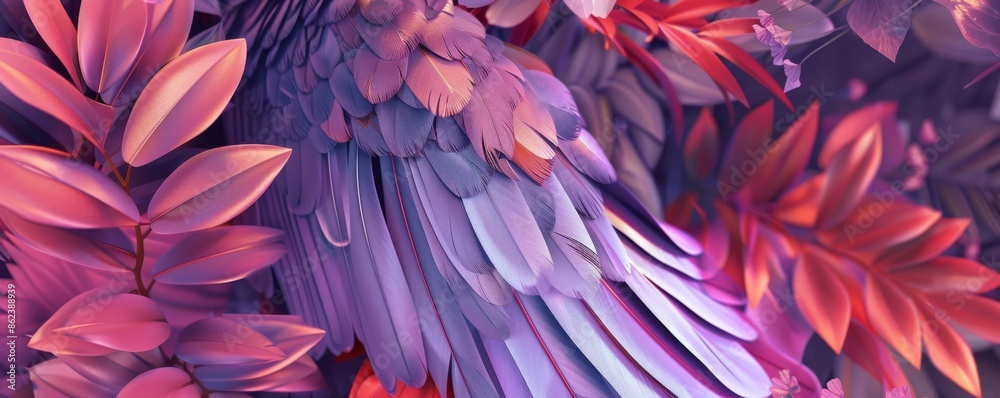 Digital illustration of vibrant abstract leaves and feathers in pink and purple hues Digital illustration of vibrant abstract leaves and feathers in pink and purple hues