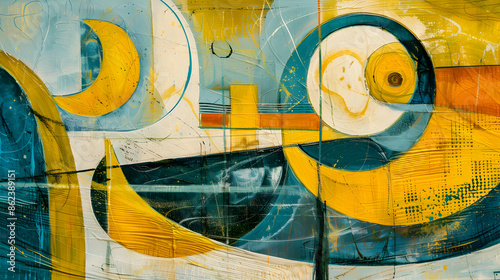 A vibrant composition of abstract forms in lemon yellow and sky blue, incorporating bold and subtle textures