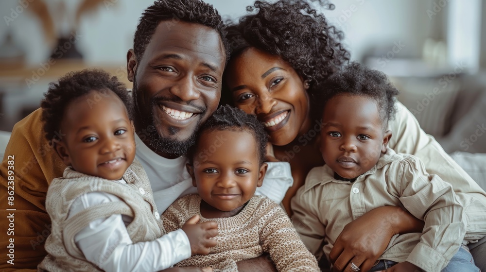 Happy family of five, with parents and three young children, smiling together indoors Happy family of five, with parents and three young children, smiling together indoors