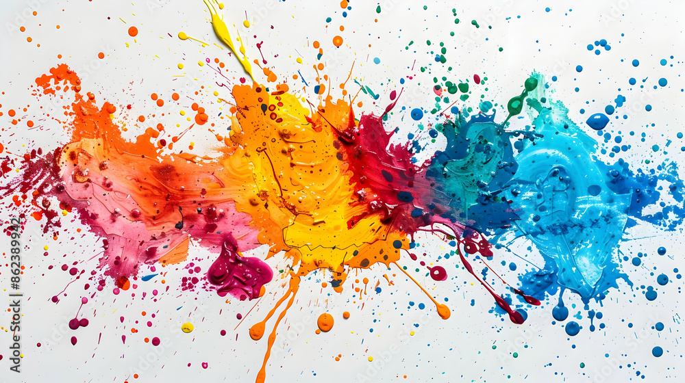 A vibrant explosion of paint splatters in various bright colors A vibrant explosion of paint splatters in various bright colors