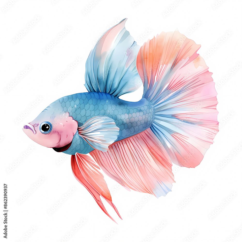 Fototapeta premium A vibrant blue and pink betta fish with flowing fins, isolated on a white background.