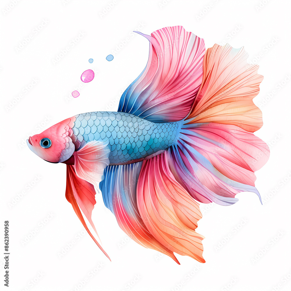 Fototapeta premium A vibrant, colorful betta fish with flowing fins, isolated on a white background.