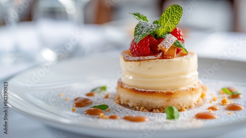 Delicious dessert with fresh strawberries and mint