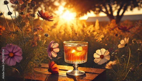 A serene and picturesque scene of a glass of Cape Codder Cocktail set outdoors in a flower field