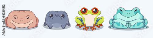 Cute frog character sitting on floor. Different types and colors of toad animal. Cartoon vector illustration set of funny childish amphibian creature. Aquatic and tropical comic froglet mascot.