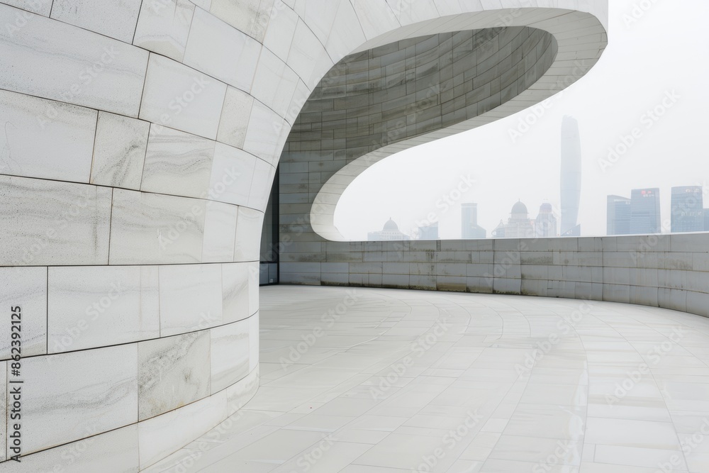 Obraz premium modern architectural design with curved glass facade and city skyline