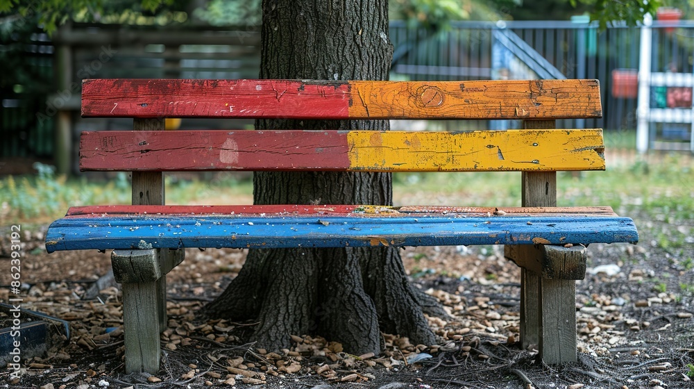 Fototapeta premium Whimsical Bench Painted with Rainbow Stripes in Playground