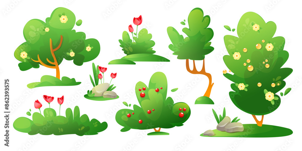 Fototapeta premium Summer or spring landscape creation nature elements. Cartoon vector set of green trees and bushes, grass and flowers, stones for garden or park. Forest and yard plants. Greenery scene decoration.