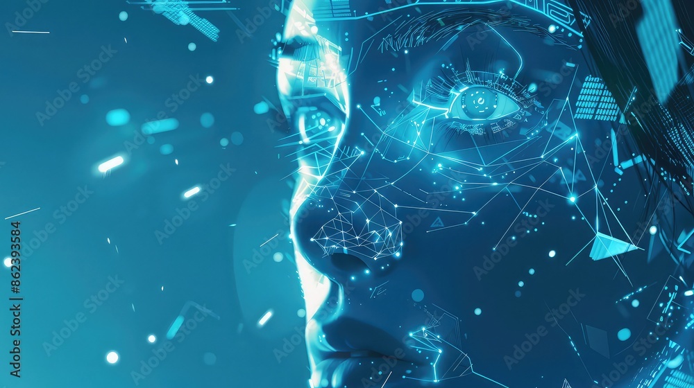 AI-powered chatbot with digital connections and data exchange, Sci-fi, Blue hues, Digital illustration