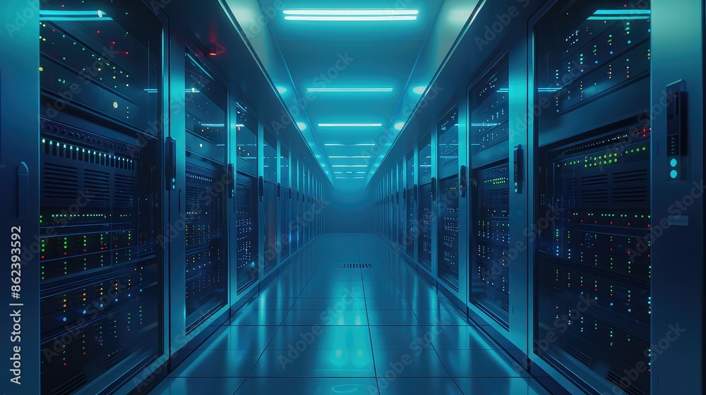 A high-tech server room with rows of servers and blue LED lights, Server Room, Cool tones, Digital illustration, futuristic A high-tech server room with rows of servers and blue LED lights, Server Room, Cool tones, Digital illustration, futuristic