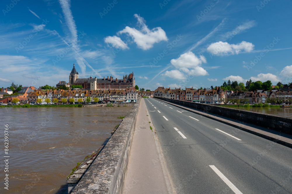 Fototapeta premium View.on old part of town of Gien on the Loire river, in Loiret department, France, houses with tiled roofs and chimneys, castle and bridge