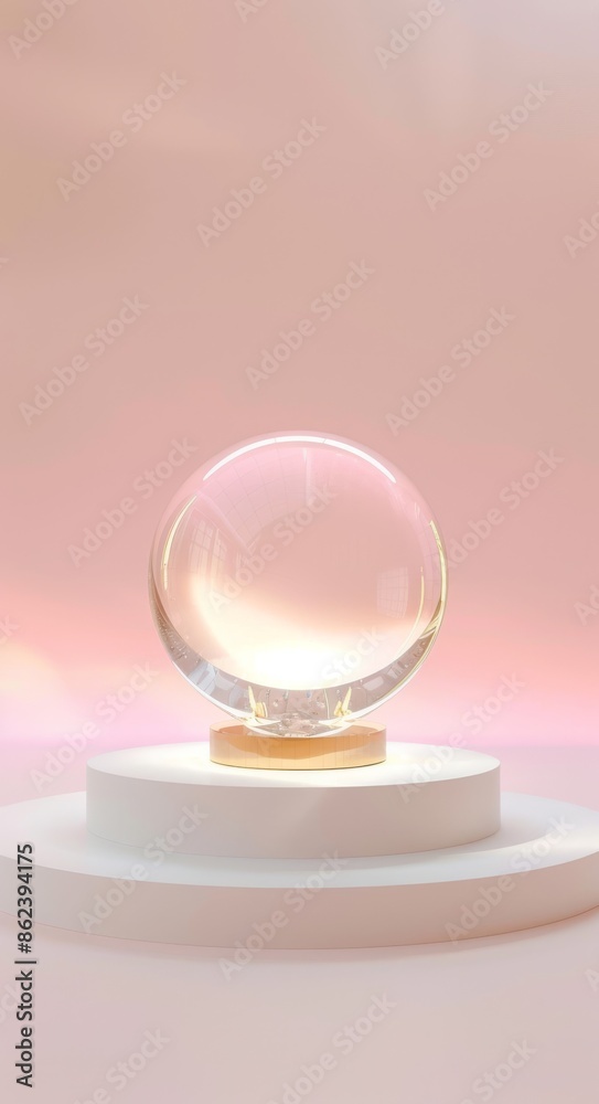 Modern glass sphere on pastel pink background with glowing aura of light Modern glass sphere on pastel pink background with glowing aura of light