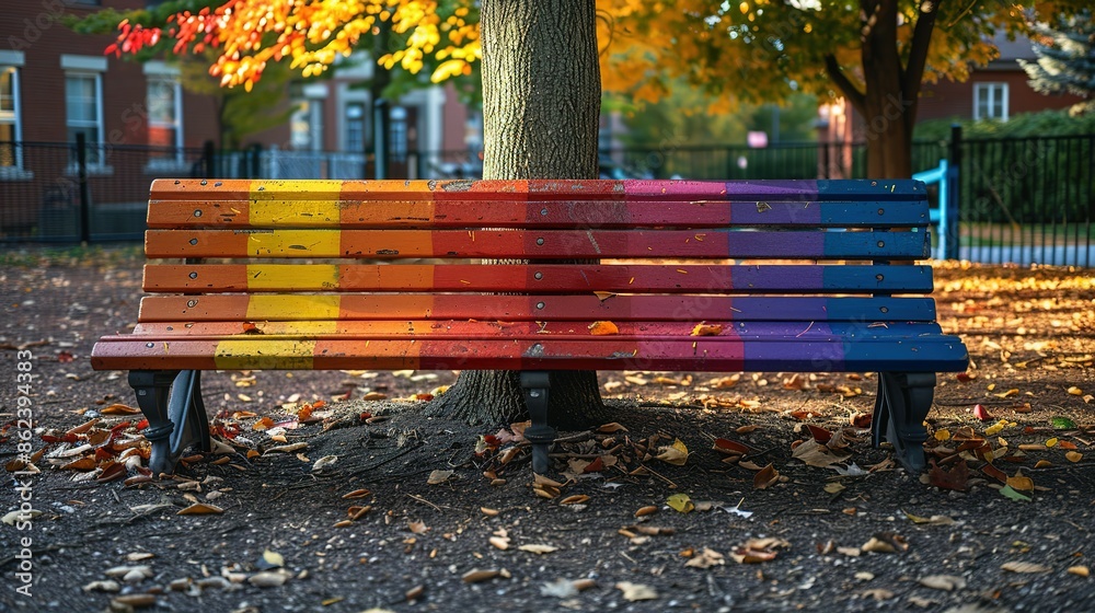 Colorful Rainbow Bench Shaded by Tree in School Yard Colorful Rainbow Bench Shaded by Tree in School Yard