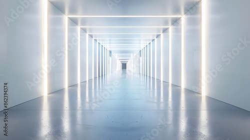 Digital image of a bright white 3D room with a minimalist design, illuminated by soft lights, creating an abstract space with a technology tunnel vibe.