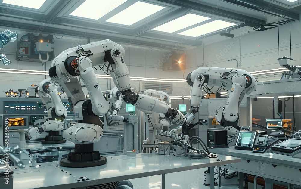 Advanced robotic arms working in a high-tech industrial laboratory environment Advanced robotic arms working in a high-tech industrial laboratory environment