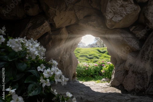 Wallpaper Mural Enchanting cave entrance leading to lush green meadow Torontodigital.ca