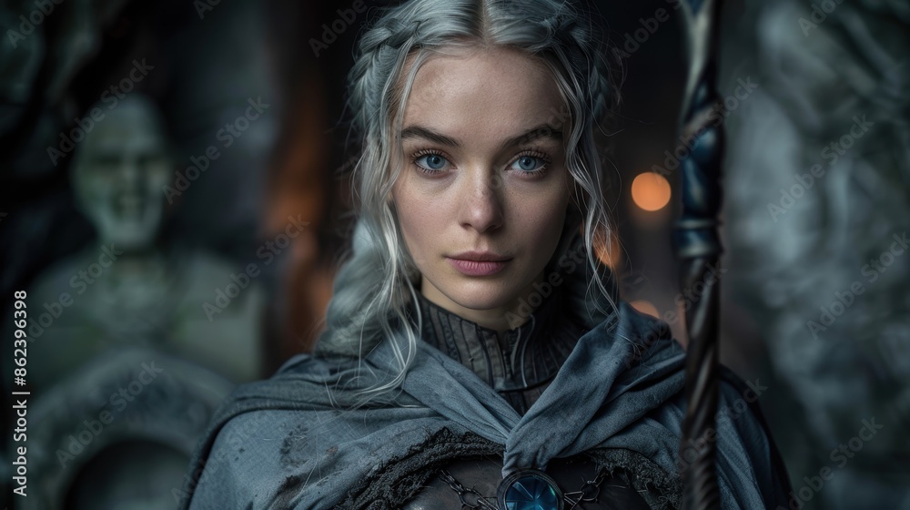 Mysterious woman with silver hair and intense gaze Mysterious woman with silver hair and intense gaze