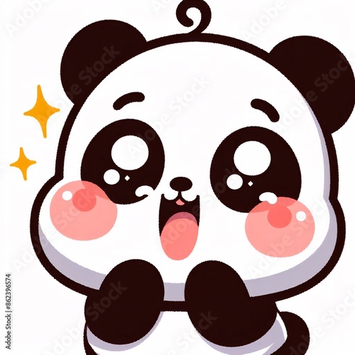 A cheerful, cute cartoon illustration of a giggling panda with round cheeks and sparkling eyes.