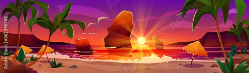 Summer sea or ocean beach sunset landscape. Tropical lagoon with palm trees and sand shore, rock mountains and seagull in pink and orange gradient sky. Cartoon vector sunrise coastline scenery.
