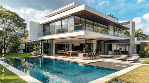 A stunning modern house featuring a sleek design, harmoniously complemented by a luxurious pool. The perfect fusion of sophistication and relaxation, creating a captivating ambiance. © Muqeet 