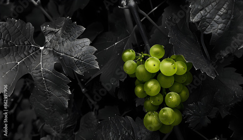 Green grapes on black and white background.	