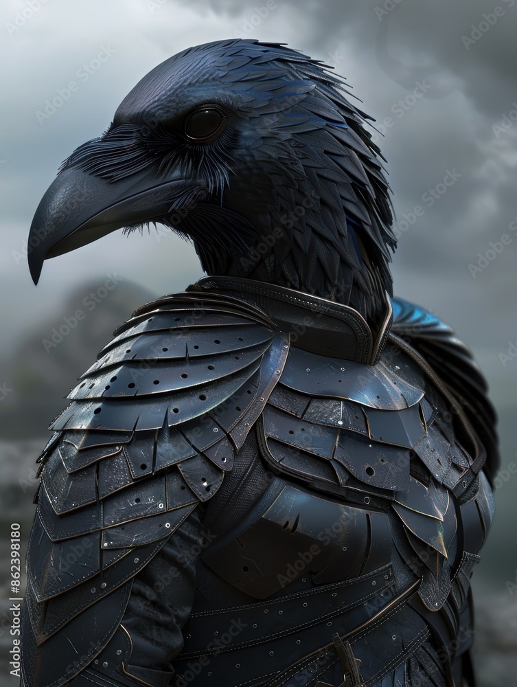 Fototapeta premium Armored raven with dark feathers and piercing eyes