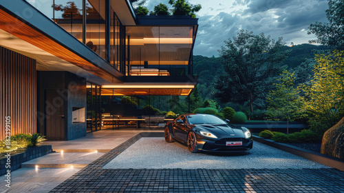 A stylish residence with a minimalist facade, showcasing a high-end car parked in the front courtyard. The house features bold architectural elements.