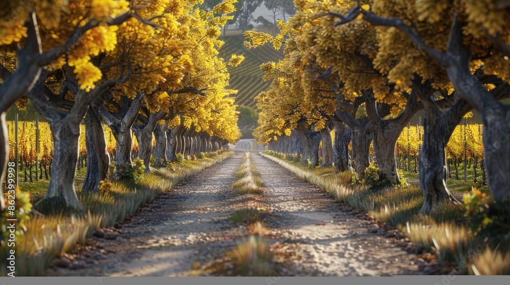 Naklejka premium A road with trees on both sides and a sky in the background. Generate AI image