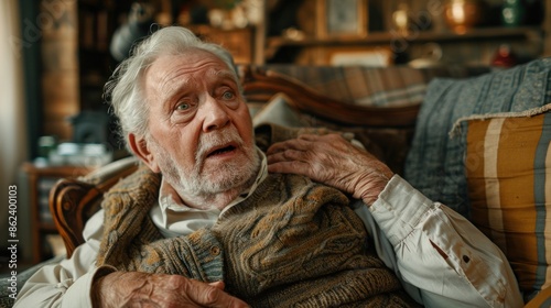 Image of an elderly man showing panic symptoms while sitting on a sofa in a living room. He is breathing rapidly with a panic-stricken look, holding his chest with sweat on his face. The background