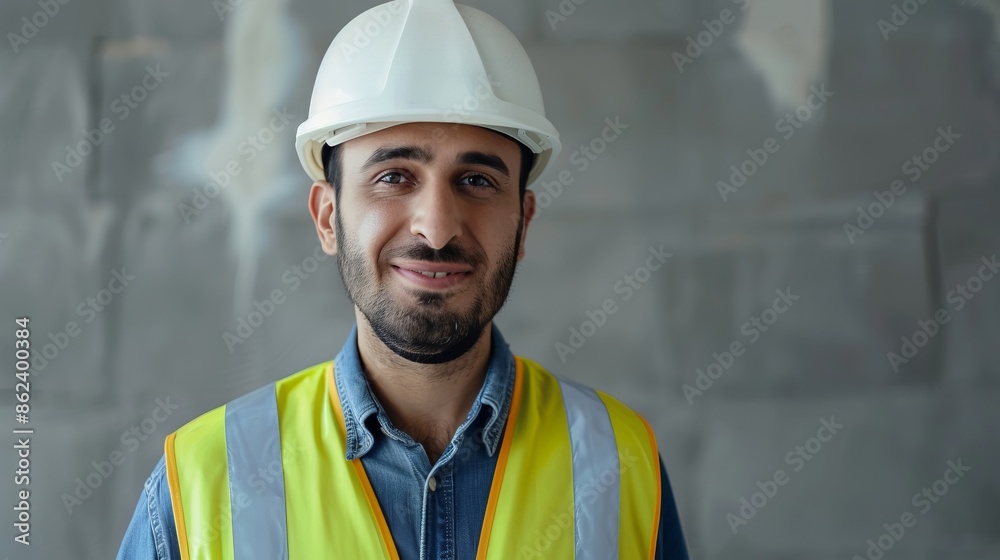 Portrait of a confident construction worker wearing a white hard hat and yellow safety vest. Concrete wall background. Capturing professionalism and safety standards Portrait of a confident construction worker wearing a white hard hat and yellow safety vest. Concrete wall background. Capturing professionalism and safety standards