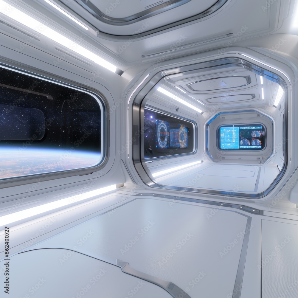 Futuristic spacecraft interior with advanced technology displays Futuristic spacecraft interior with advanced technology displays