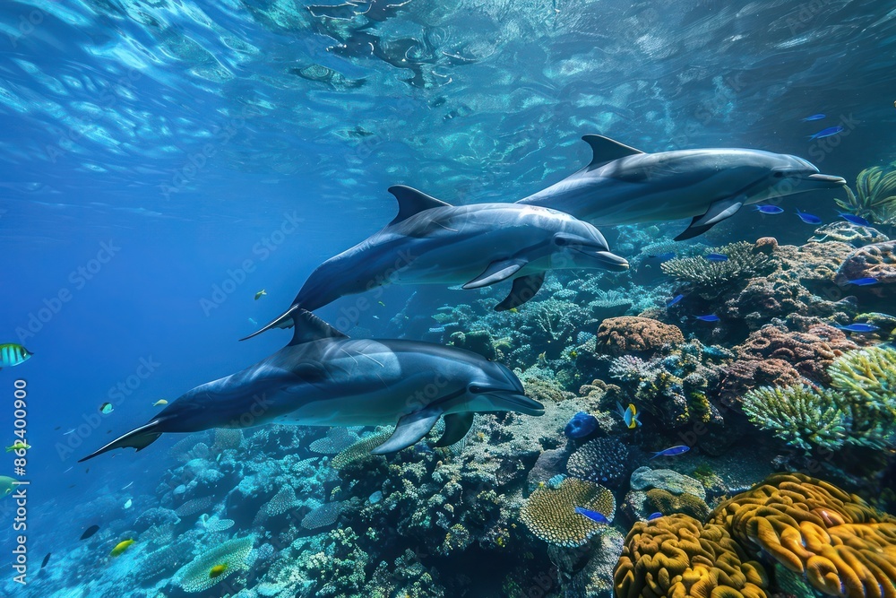 Obraz premium A serene underwater shot of a school of dolphins swimming gracefully through the deep blue ocean, surrounded by colorful coral formations and shimmering fish