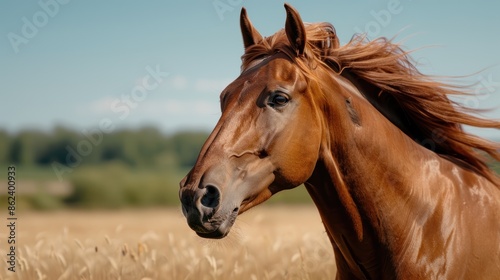 Majestic brown horse in field