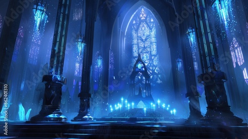 A blue cathedral with stained glass windows and a large altar. Generate AI image