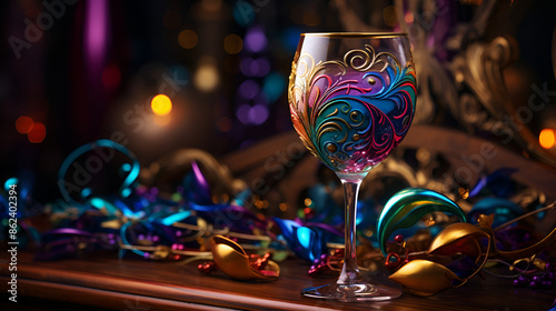 A wine glass adorned with vibrant decorations, adding a touch of color and charm to its elegant design.