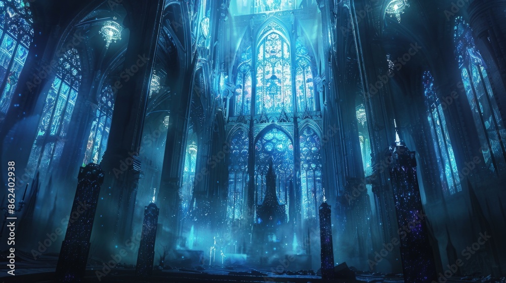 Naklejka premium A blue cathedral with stained glass windows and a large altar. Generate AI image