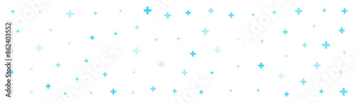 Blue cross or plus symbols of different sizes and opacity on white background. Abstract pattern of blue medical cross or mathematical plus pictogram. Vector illustration on cyan background with stars