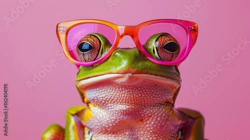 A close-up of a frog wearing bright pink glasses with a vibrant pink background photo
