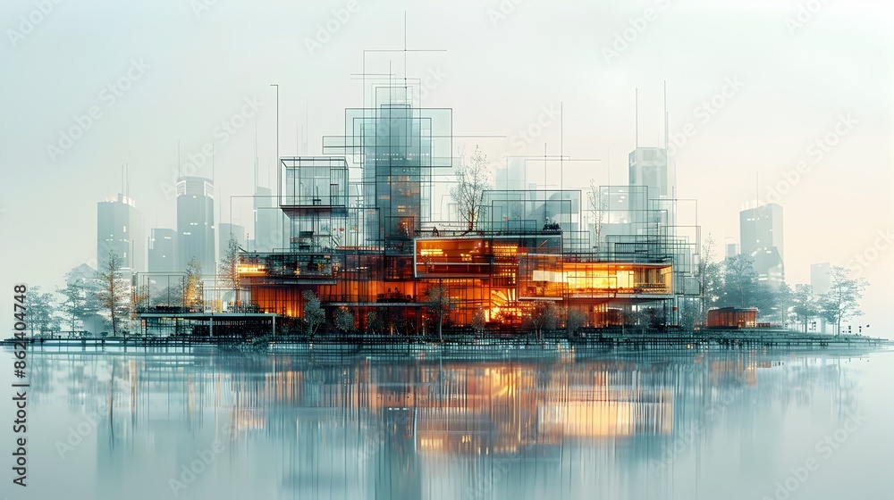 Fototapeta premium Futuristic Wireframe Architectural Building in Minimalist Cityscape
