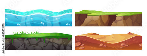 Seamless ground texture set for game ui design. Vector cartoon illustration of sea underwater, soil with green grass, rocky surface, sandy desert layers, underground patterns for gaming landscape
